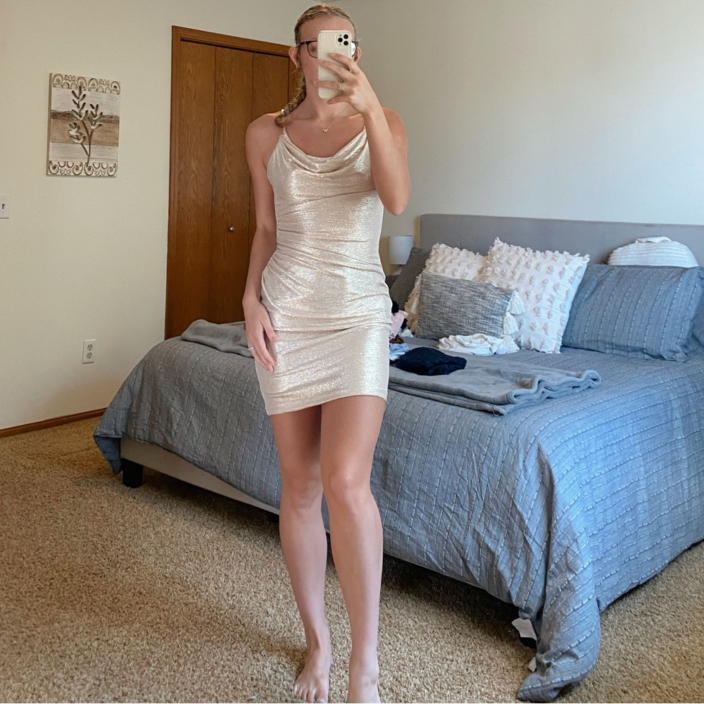 Champagne Cowl Neck Bodycon Mini Dress